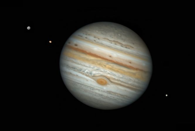 In this image taken from Coquimbo, Chile by Damian Peach, the Great Red Spot of Jupiter can be seen alongside the three Jovian moons.
