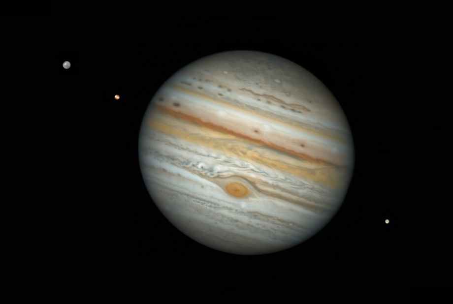 In this image taken from Coquimbo, Chile by Damian Peach, the Great Red Spot of Jupiter can be seen alongside the three Jovian moons.
