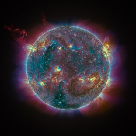 Sergio Díaz Ruiz had to combine observations in multiple wavelengths in extreme ultraviolet to capture the mesmeric range of colors in the surface and coronal activity of the sun. 