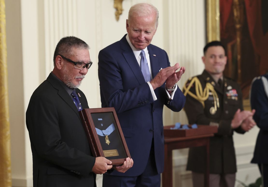 John Kaneshiro accepts the Medal of Honor for his late father, Army Staff Sergeant Edward N. Kaneshiro.