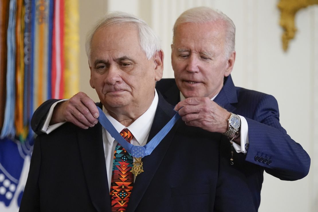 President Joe Biden awards the Medal of Honor to Spc. Dwight Birdwell for his actions on Jan. 31, 1968, during the Vietnam War.