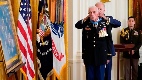 President Joe Biden awards the Medal of Honor to retired Maj. John Duffy for his actions on April 14-15 1972, during the Vietnam War.