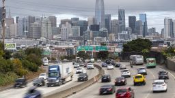 Cars travel northbound on Highway 101 in San Francisco, California, U.S., on Friday, March 4, 2022. Remote-work policies have taken a toll on San Francisco, which is struggling with the nations weakest office occupancies, stubbornly low transit ridership and one of the country's slowest job recoveries. 