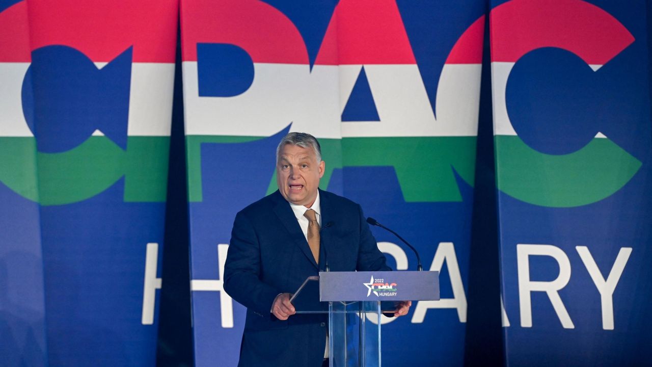 Hungarian Prime Minister Viktor Orban addresses a keynote speech during an extraordinary session of the Conservative Political Action Conference (CPAC) at the Balna cultural centre of Budapest, Hungary on May 19, 2022. - The two-day CPAC meeting is being held in Europe for the first time. (Photo by ATTILA KISBENEDEK / AFP) (Photo by ATTILA KISBENEDEK/AFP via Getty Images)