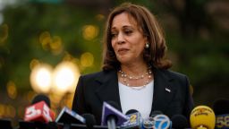 Highland Park, Ill. - July 05:  Vice President Kamala Harris speaks to a crowd of journalists and onlookers on Tuesday, July 5, 2022 in Highland Park, Ill. Suspected shooter Robert E. Crimo III is in police custody and has been charged with seven counts of first degree murder. (Taylor Glascock/CNN Digital) 