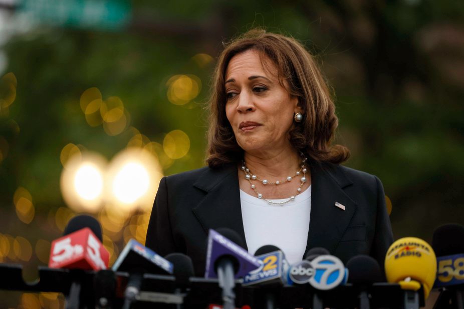 Vice President Kamala Harris speaks to a crowd of journalists and onlookers on July 5. "Yesterday, it should have been a day to come together with family and friends to celebrate our nation's independence and instead, that community suffered a violent tragedy," Harris said, adding that "we need to stop this violence."