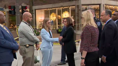 Vice President Kamala Harris visited with local officials in Highland Park on Tuesday.