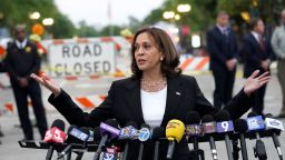 Vice president Kamala Harris speaks to those gathered near the site of Monday's mass shooting during the Highland Park July 4th parade Tuesday, July 5, 2022, in Highland Park, Ill. 
