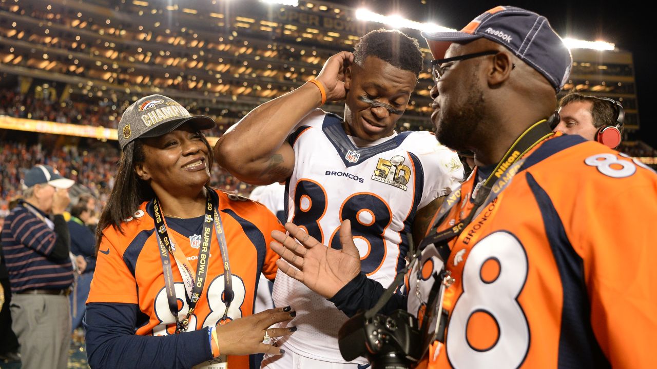 Demaryius Thomas (88), a former wide receiver for the Denver Broncos, seen with his parents, Katina Stuckey Smith and Bobby Thomas.