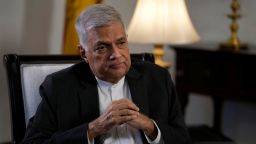 Sri Lanka's new prime minister Ranil Wickremesinghe gestures during an interview with The Associated Press in Colombo, Sri Lanka, Saturday, June 11, 2022. Sri Lanka may be compelled to buy more oil from Russia amid the island nation's unprecedented economic crisis, even as Western nations have largely boycotted Moscow as punishment for its invasion of Ukraine, the newly appointed prime minister said. (AP Photo/Eranga Jayawardena)