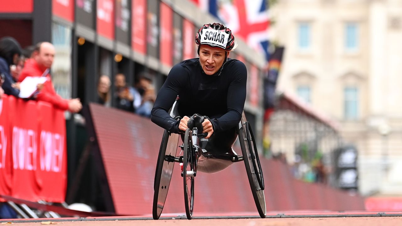Schär won the women's wheelchair race at the 2022 Boston Marathon.