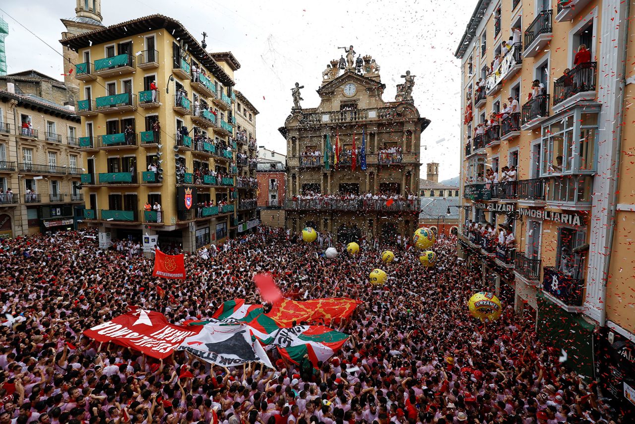 Revelers gather for the opening of the San Fermin festival in Pamplona, Spain on July 6, 2022. 