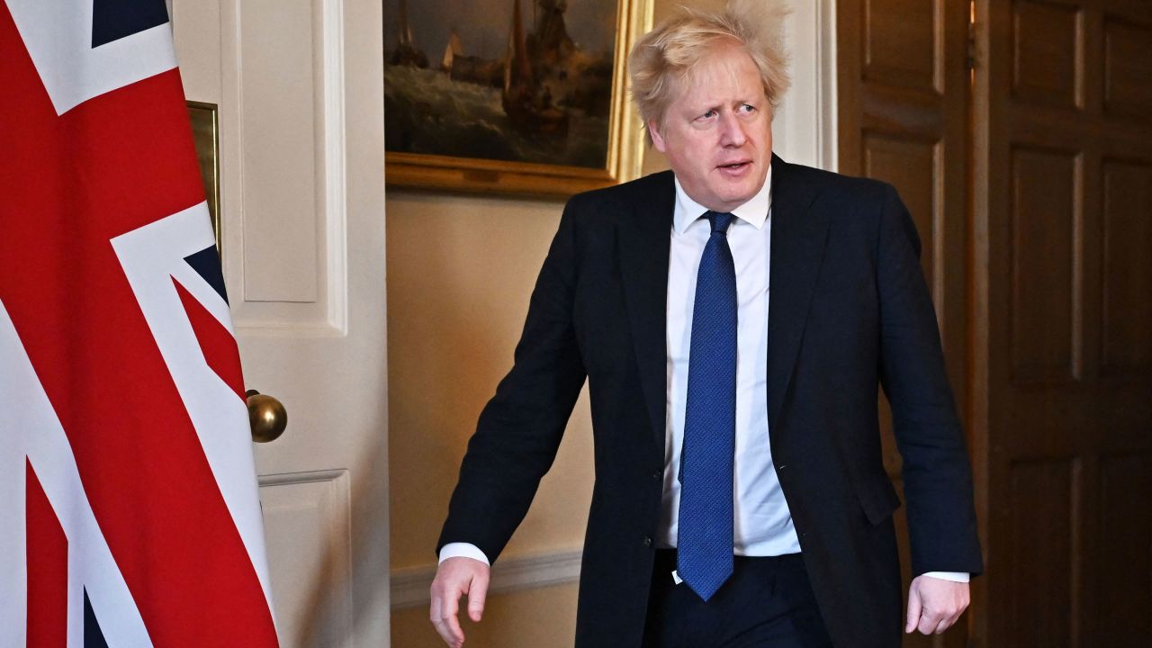 Britain's Prime Minister Boris Johnson arrives to give an address to the nation on Russia's invasion of Ukraine, speaks from 10 Downing Street, in London, on February 24, 2022. - Boris Johnson, who summoned his security chiefs for an early morning meeting in response to Russia's "unprovoked" and "horrific" attack, will also address parliament in the afternoon. Britain's Prime Minister spoke to Ukraine's President overnight and vowed "the West would not stand by as President Putin waged his campaign against the Ukrainian people", Downing Street said. Russia's President launched an air and ground assault on Ukraine early morning on February 24, 2022 after a surprise televised address. (Photo by Jeff J Mitchell / POOL / AFP) (Photo by JEFF J MITCHELL/POOL/AFP via Getty Images)
