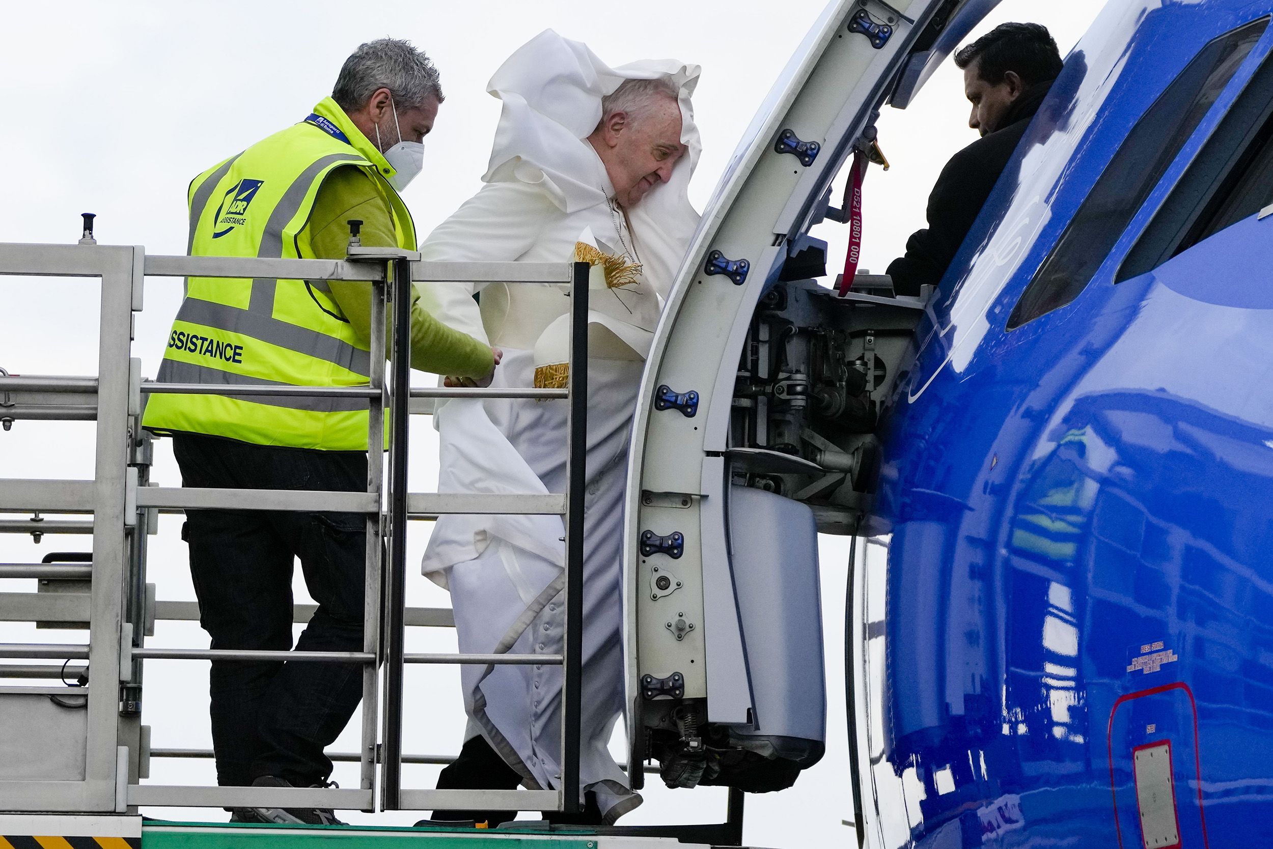 The Pope boards a flight to Malta in April 2022.