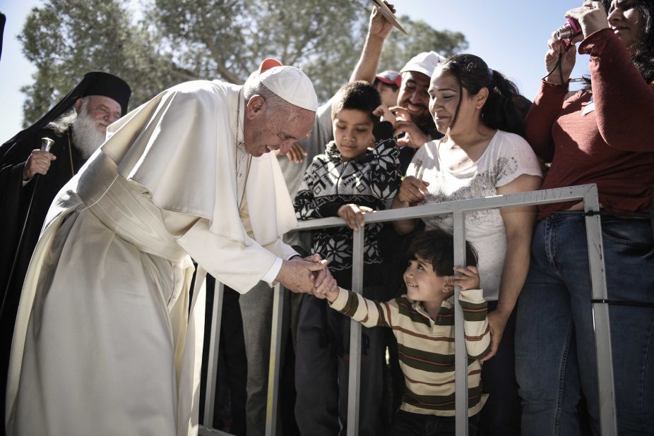 The Pope meets migrants at the Moria refugee camp on the Greek island of Lesbos in April 2016. He received an emotional welcome <a href=