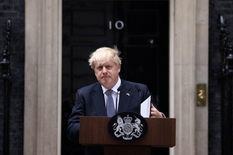 Johnson announces his resignation in front of No. 10 Downing Street on July 7. "It is clearly now the will of the parliamentary Conservative party that there should be a new leader of that party and therefore a new prime minister," he said.