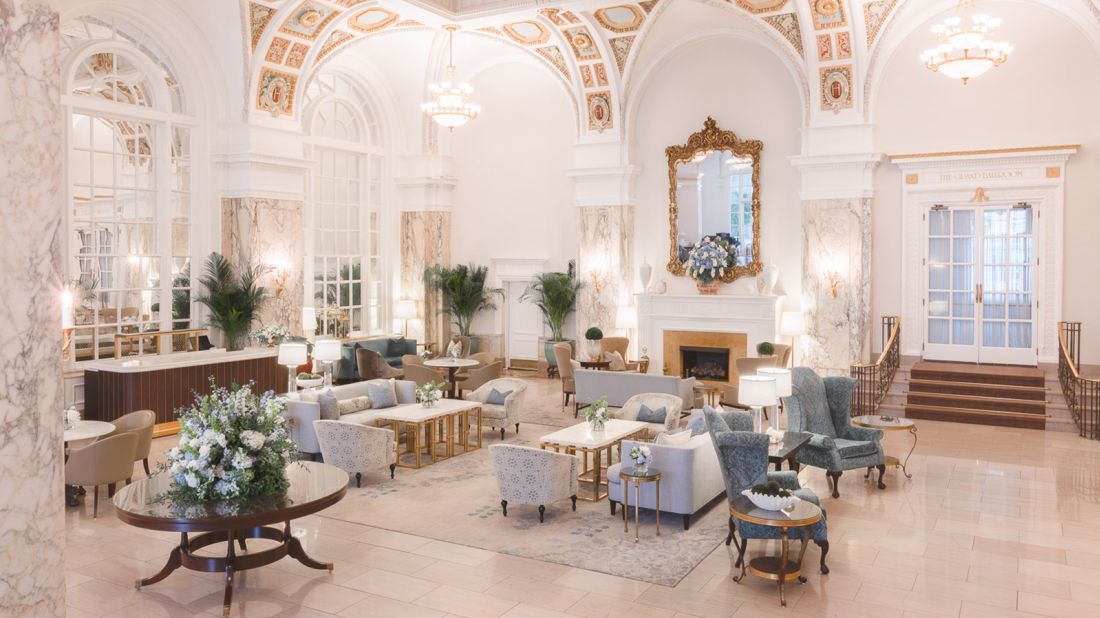 <strong>The Hermitage Hotel:</strong> Opened in 1910, this historic Nashville hotel has recently revealed a lavish new look from design studio ForrestPerkins. A brighter color palette brings a more modern feel to the grand lobby.