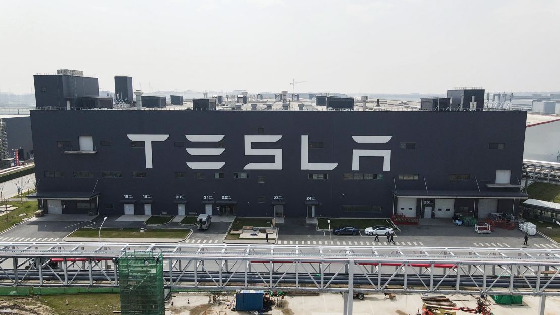 An aerial view of Tesla Shanghai Gigafactory on March 29, 2021 in Shanghai, China. 