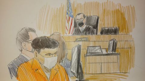 "Cheer" Star Jerry Harris is seen in a sketch during his sentencing hearing on July 6, 2022.