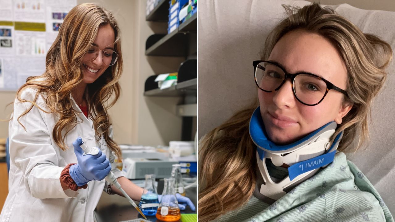 Cortney Gensemer working in the Norris Lab and recovering from neck surgery earlier this year.