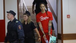 U.S. basketball player Brittney Griner, who was detained in March at Moscow's Sheremetyevo airport and later charged with illegal possession of cannabis, is escorted before a court hearing in Khimki outside Moscow, Russia July 7, 2022.  REUTERS/Evgenia Novozhenina