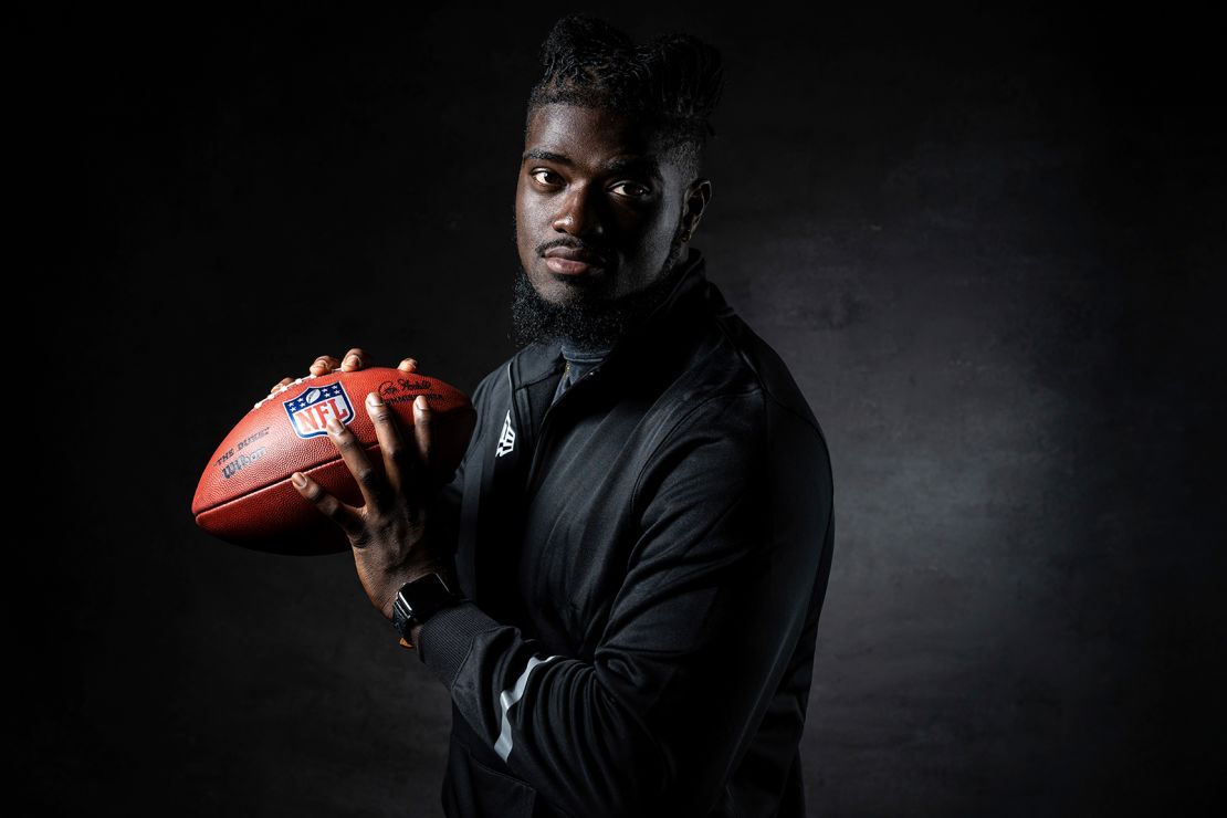 Ojabo poses for a portrait during the NFL Scouting Combine.