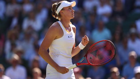 Elena Rybakina of Kazakhstan celebrates a point against Simona Halep.