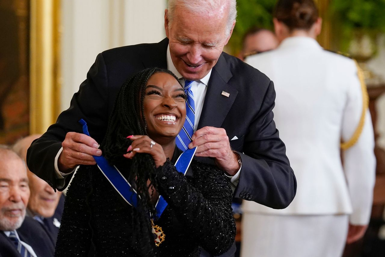 US President Joe Biden awards the nation's highest civilian honor, the Medal of Freedom, to gymnast Simone Biles on Thursday, July 7. Biles was <a href="https://www.cnn.com/2022/07/07/politics/biden-presidential-medal-of-freedom/index.html" target="_blank">one of 17 Americans to receive the medal</a> on Thursday. The 25-year-old is also the youngest person to ever receive the award.