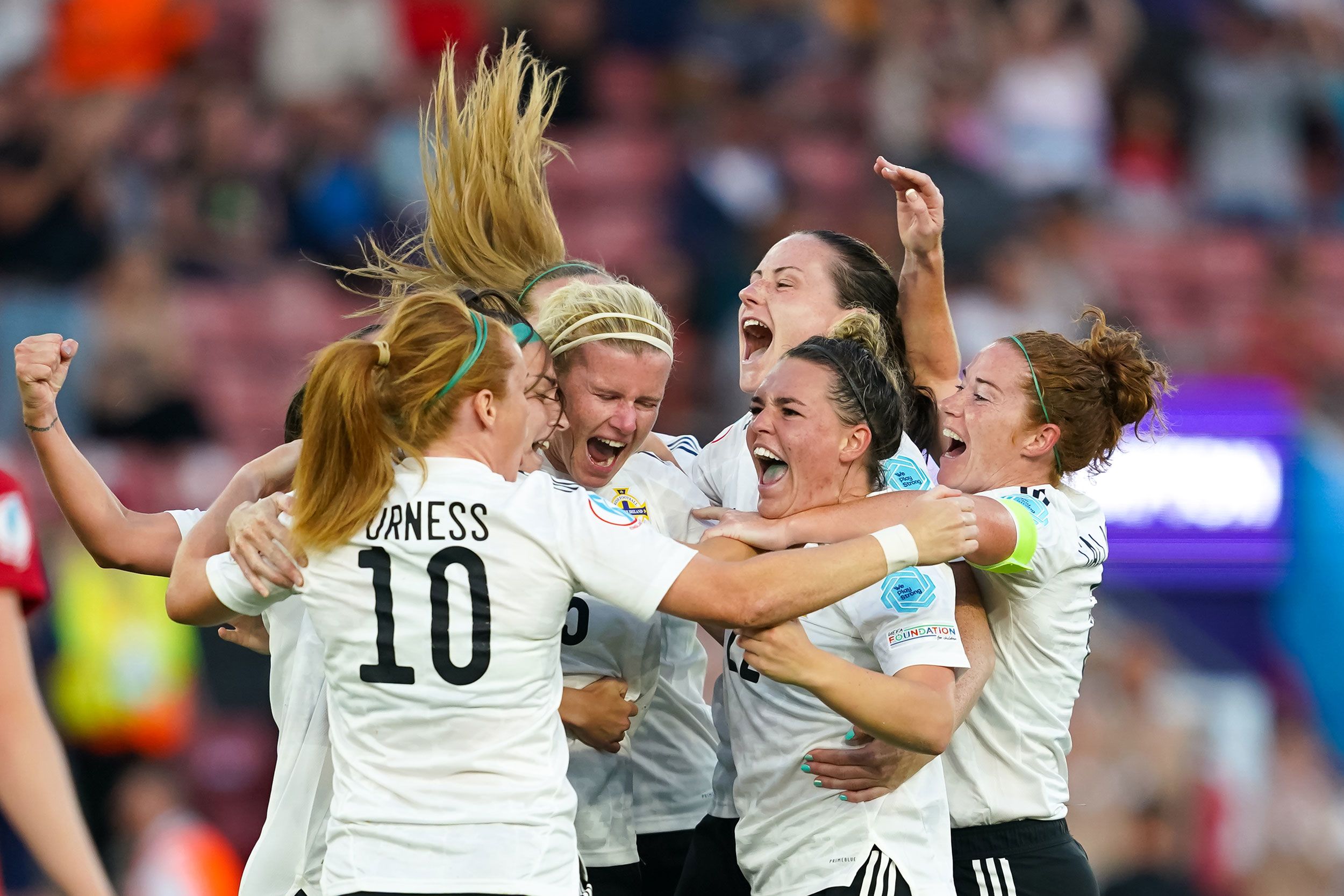 Footballers from Northern Ireland celebrate a goal during a Euro 2022 match against Norway on Thursday, July 7.