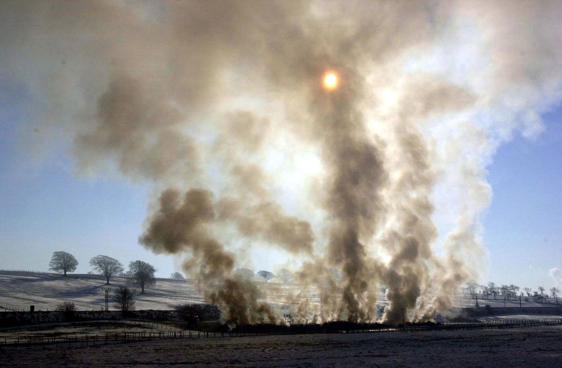 Cattle and sheep burn on a pyre at a farm in Lockerbie, Scotland, during the UK's 2001 FMD outbreak.