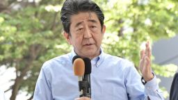 Former Japanese Prime Minister Shinzo Abe speaks for supporting his party member of the House of Councillors Election in Sendai , Miyagi Prefecture on July 5, 2022. 67-year-old Abe has reportedly been shot in the chest during a stumping tour in Nara in the morning on July 8. ( The Yomiuri Shimbun via AP Images )