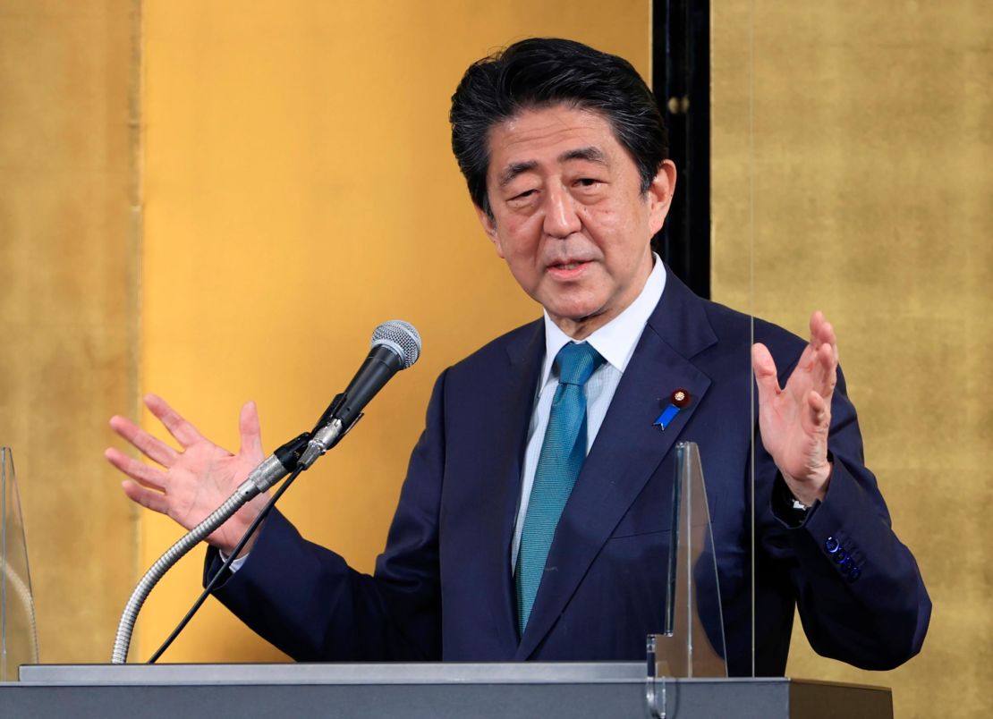 Japanese politician Shinzo Abe attends a party for political fundraising at a hotel in Tokyo on April 14, 2022.