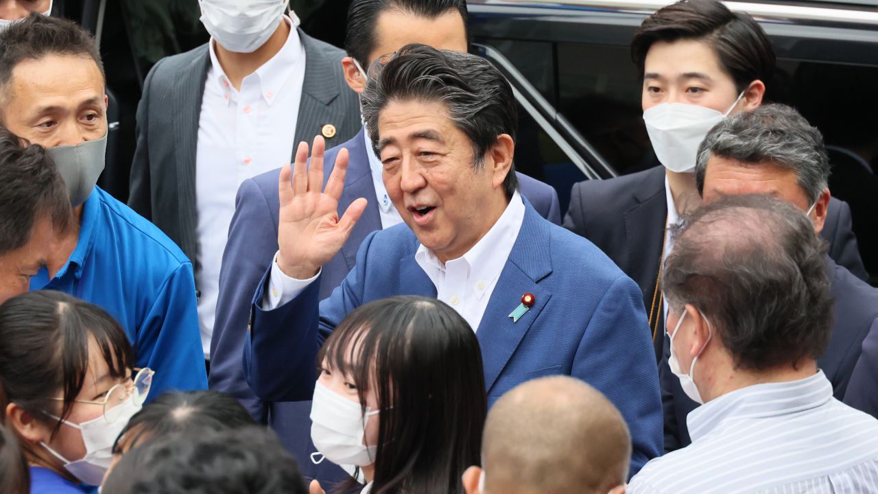 July 6, 2022, Yokohama, Japan - Former Japanese Prime Minister Shinzo Abe (C) meets with his supporters after he delivered a campaign speech for the ruling Liberal Democratic Party candidate Keiichiro Asao for the Upper House election in Yokohama, suburban Tokyo on Wednesday, July 6, 2022. The Upper House election will be held on July 10.      (Photo by Yoshio Tsunoda/AFLO)  No Use China. No Use Taiwan. No Use Korea. No Use Japan.