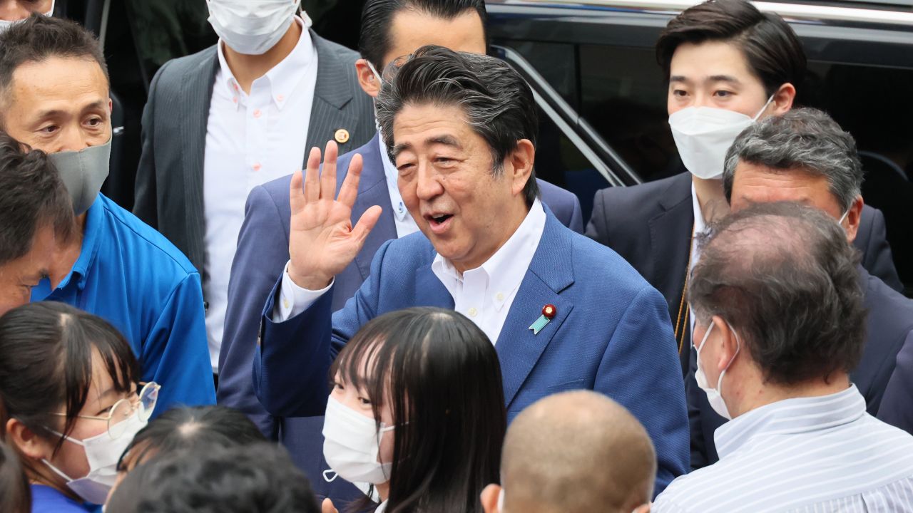 July 6, 2022, Yokohama, Japan - Former Japanese Prime Minister Shinzo Abe (C) meets with his supporters after he delivered a campaign speech for the ruling Liberal Democratic Party candidate Keiichiro Asao for the Upper House election in Yokohama, suburban Tokyo on Wednesday, July 6, 2022. The Upper House election will be held on July 10. (Photo by Yoshio Tsunoda/AFLO) No Use China. No Use Taiwan. No Use Korea. No Use Japan.