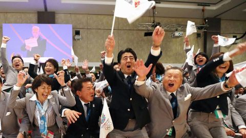 Japanese Prime Minister Shinzo Abe celebrating in Buenos Aires after Tokyo was chosen as the host city for the 2020 Summer Olympics in September 2013.