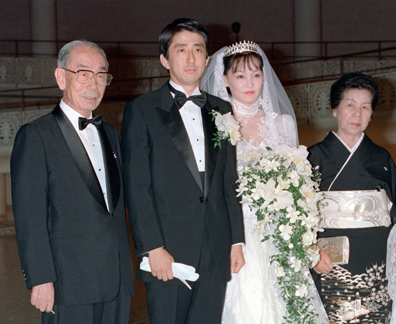 Abe and his wife, Akie, marry at their wedding in Tokyo in 1987. They were accompanied by former Japanese Prime Minister Takeo Fukuda and his wife, Mie. 