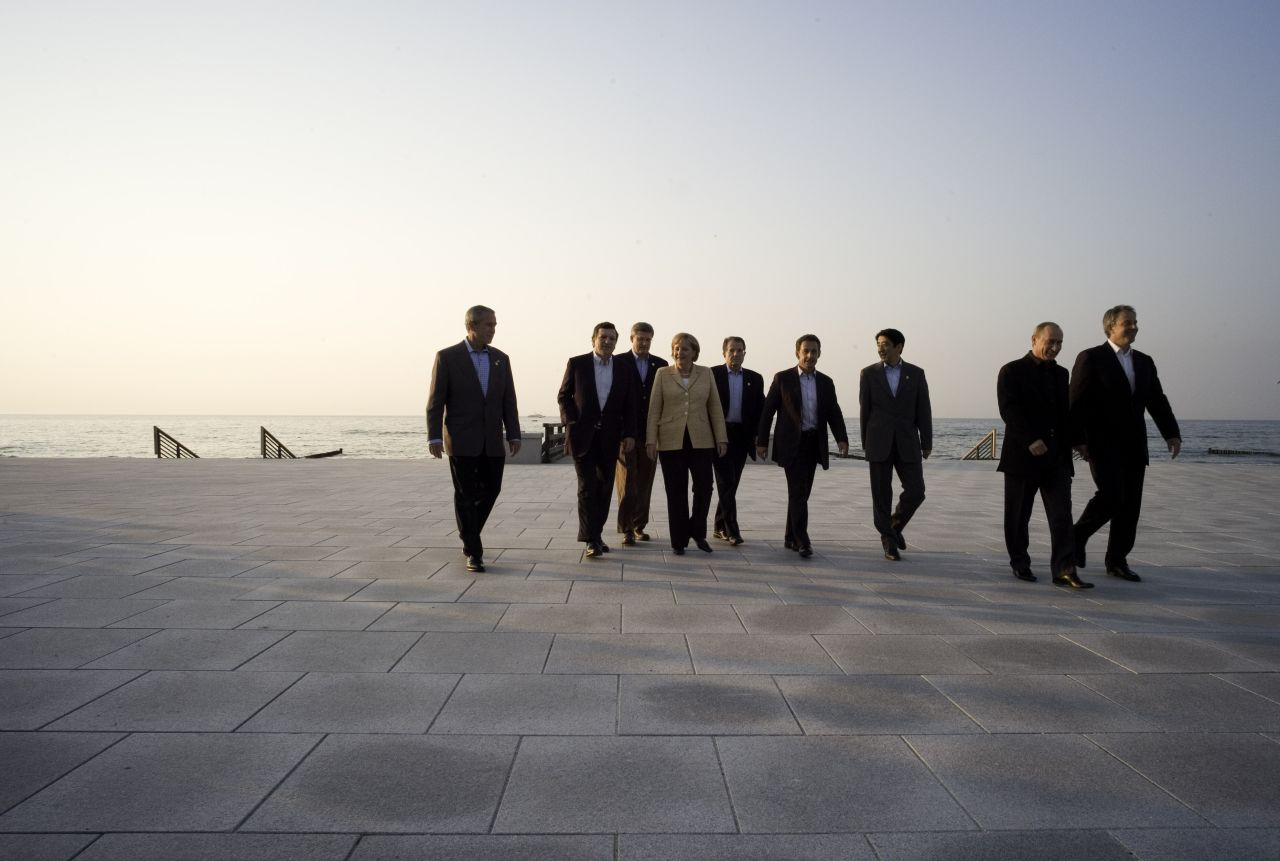 Abe meets with other world leaders at a G8 summit in Germany in 2007.