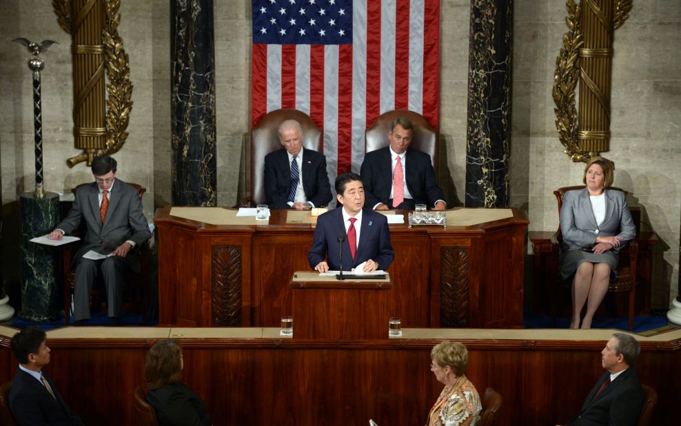 Abe addresses a joint session of the US Congress in 2015.
