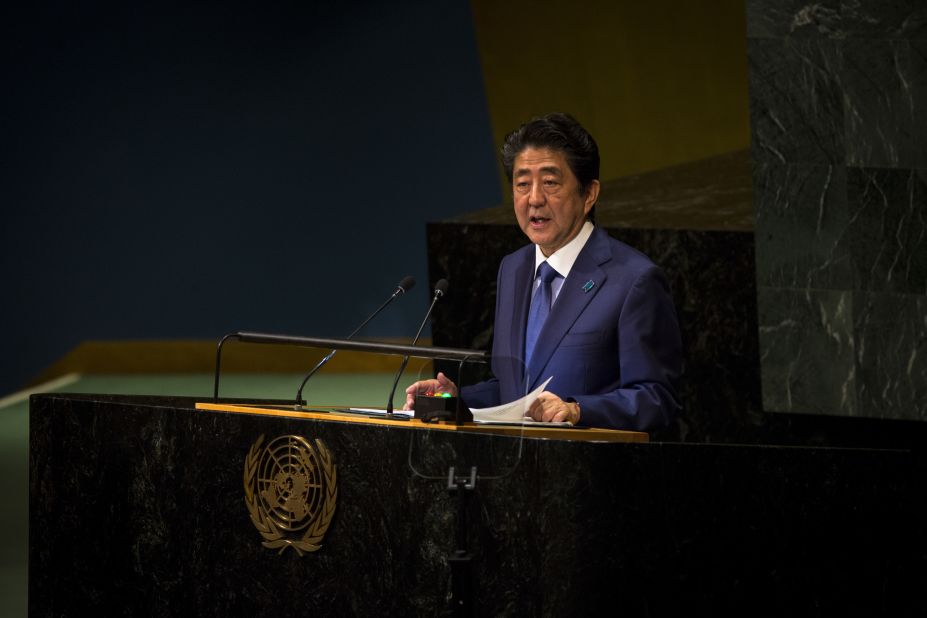 Abe delivers remarks at the UN General Assembly in New York in 2018.