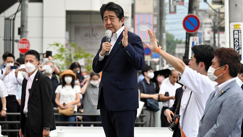 NARA, JAPAN - JULY 08: Former Prime Minister Shinzo Abe makes a street speech before being shot in front of Yamatosaidaiji Station on July 8, 2022 in Nara, Japan. Abe is shot while making a street speech for upcoming Upper House election. (Photo by The Asahi Shimbun via Getty Images)