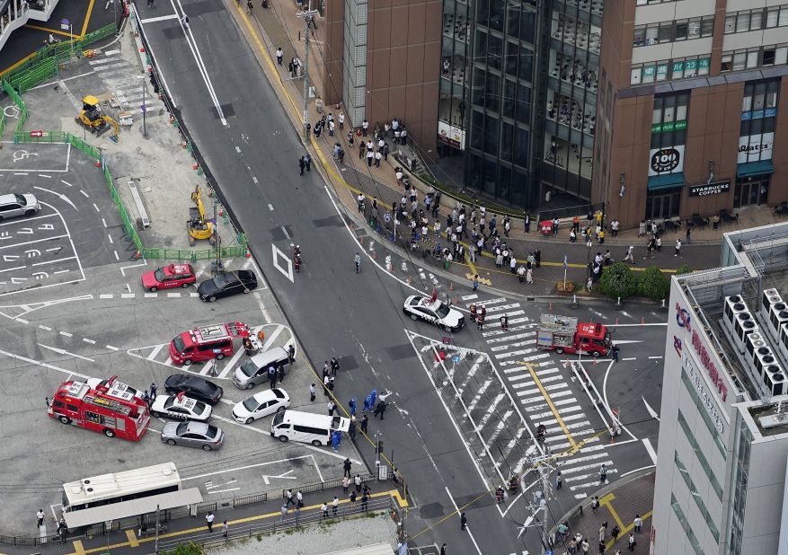 This aerial photo, taken from a Kyodo News helicopter in Nara, shows the area where Abe was shot.