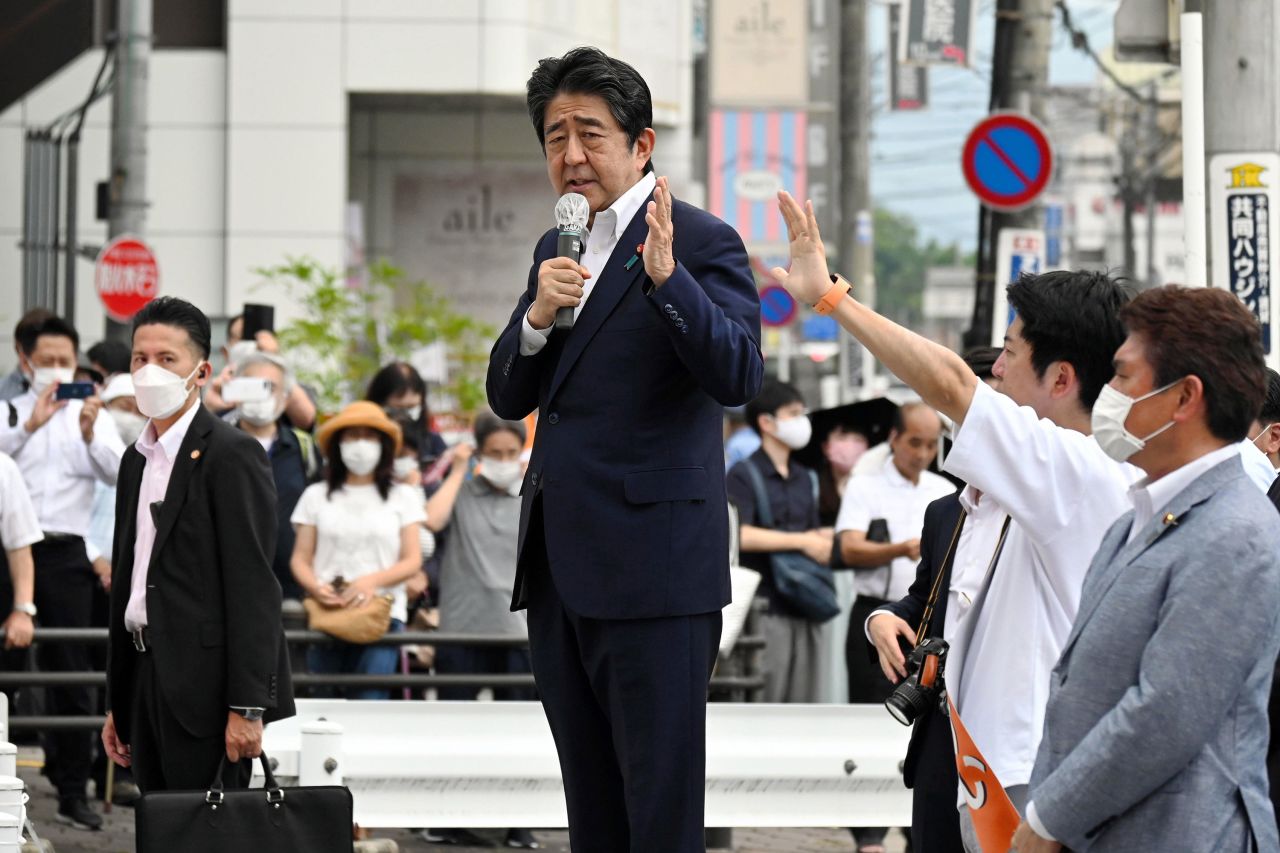 Abe makes a street speech for party candidates in Nara, Japan, before he was shot on Friday, July 8.