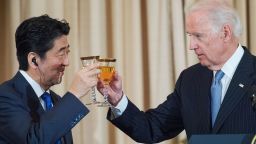 US Vice-President Joe Biden(R) toasts Prime Minister of Japan Shinzo Abe,  as he co-hosts a luncheon with US Secretary John Kerry in honor of Japan on April 28, 2015 at the US Department of State in Washington, DC.   AFP PHOTO/PAUL J. RICHARDS        (Photo credit should read PAUL J. RICHARDS/AFP via Getty Images)