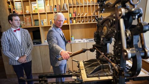 And with the assistance of artist Aidan Saunders, day three saw Prince Charles create a lino print on an 1800s printing press during a visit to Hay Castle in Hay-on-Wye. The castle, which dates back to the 12th century, recently reopened as a learning and arts center after a major restoration project.