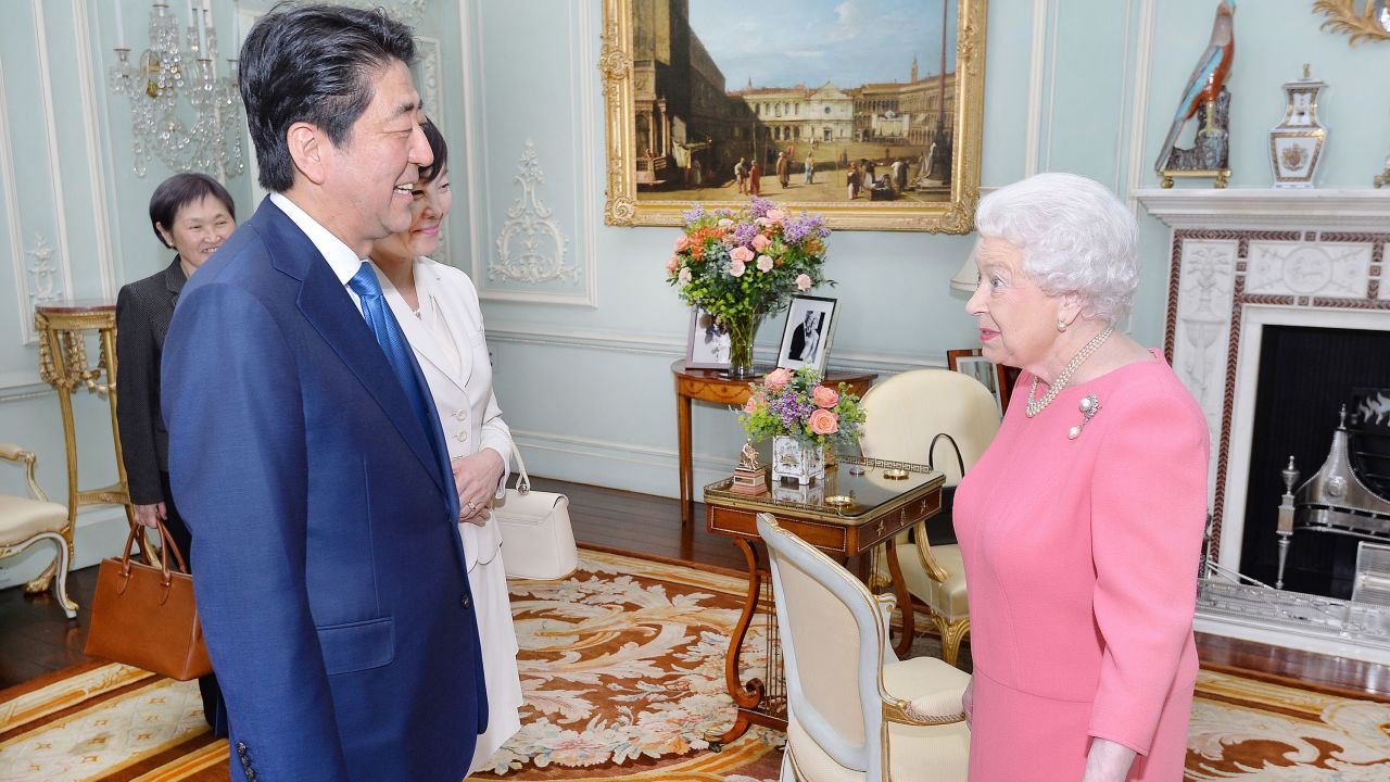 The Queen welcomed then-Prime Minister of Japan Shinzo Abe and wife Akie to Buckingham Palace in 2016. 