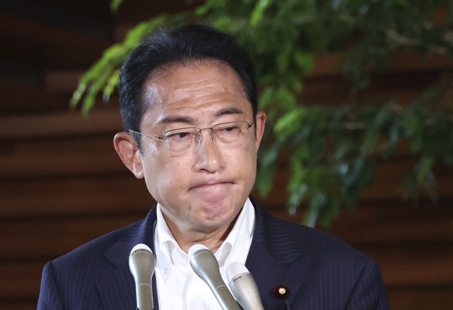 Japanese Prime Minister Fumio Kishida speaks to the media about Abe on Friday.