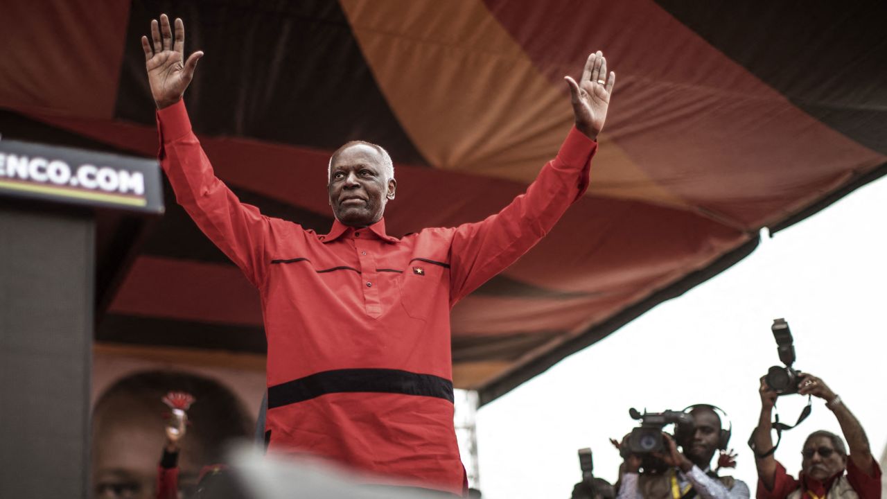 Dos Santos acknowledges the crowd during the closing campaign rally in Luanda, on August 19, 2017.