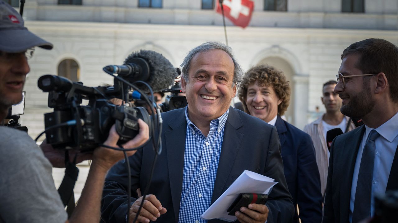 Michel Platini reacts as he leaves Switzerland's Federal Criminal Court on July 8, 2022.