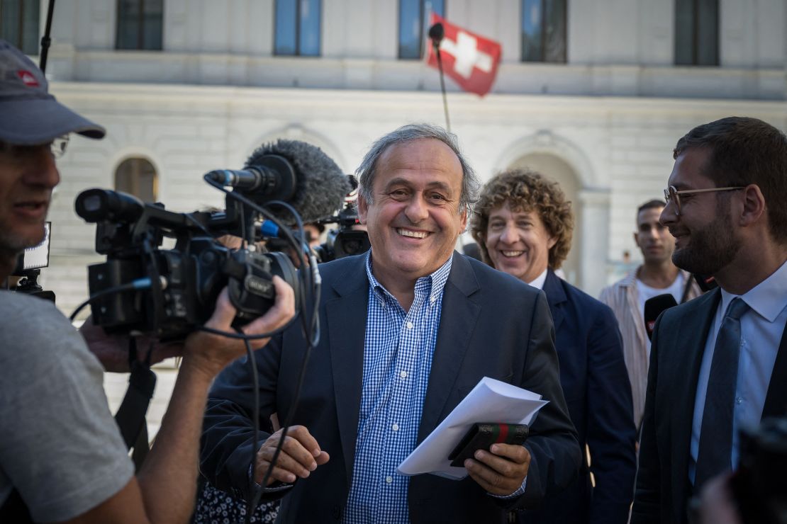 Michel Platini reacts as he leaves Switzerland's Federal Criminal Court on July 8, 2022.
