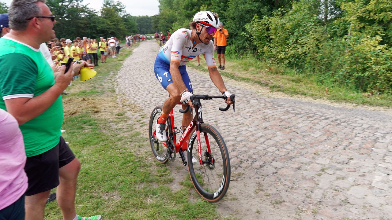 Daniel Oss passing through the cobblestones during the Tour de France on July 06, 2022.
